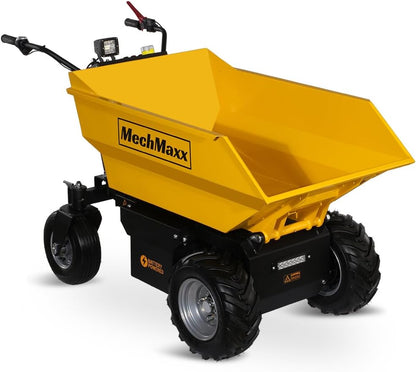 MechMaxx 1100Lb Loading 48V Battery Powered Wheel Barrow Electric Dumper Cart with 30W Light, Hydraulic Tipping, 1000W Brushless DC Motor, LED Display Screen, Model EH50 Yellow
