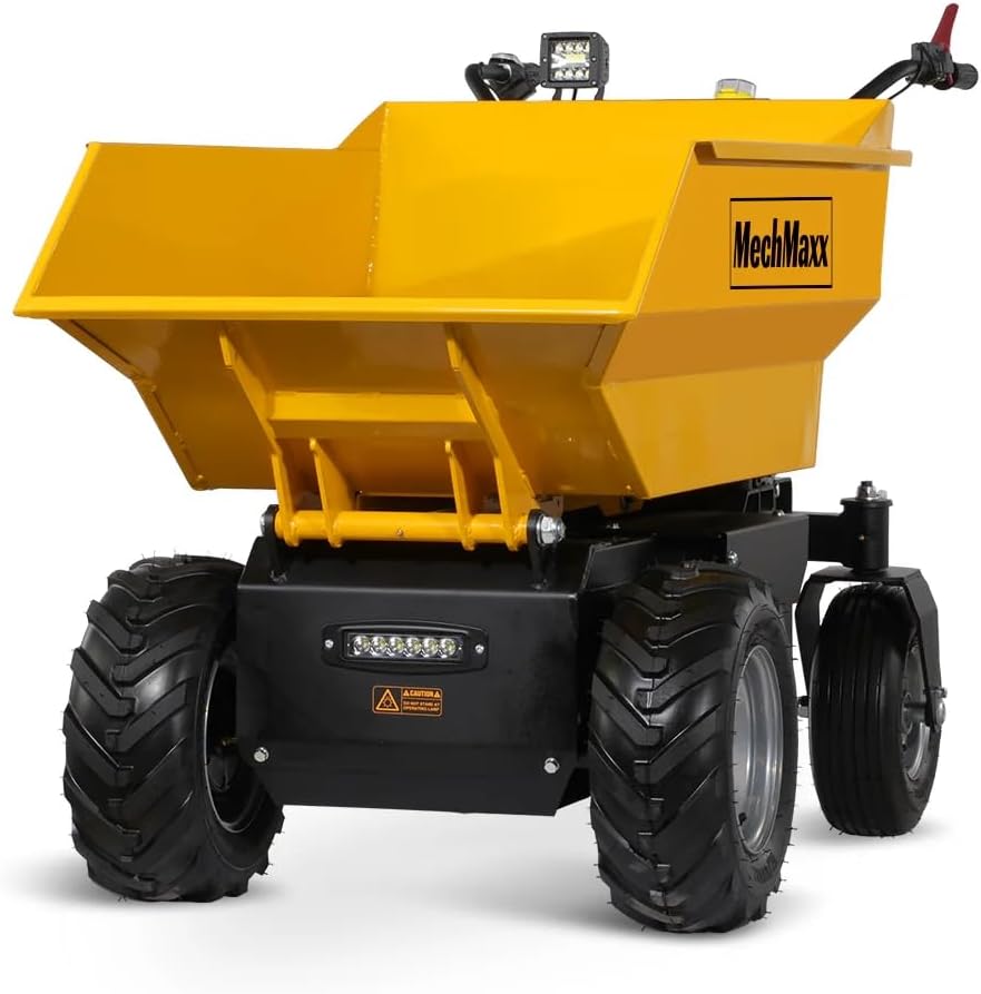 MechMaxx 1100Lb Loading 48V Battery Powered Wheel Barrow Electric Dumper Cart with 30W Light, Hydraulic Tipping, 1000W Brushless DC Motor, LED Display Screen, Model EH50 Yellow