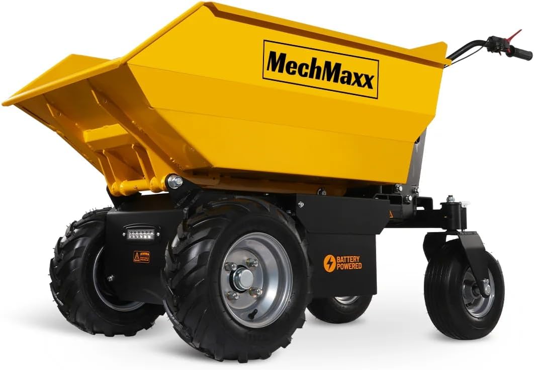 MechMaxx 1100Lb Loading 48V Battery Powered Wheel Barrow Electric Dumper Cart with 30W Light, Hydraulic Tipping, 1000W Brushless DC Motor, LED Display Screen, Model EH50 Yellow