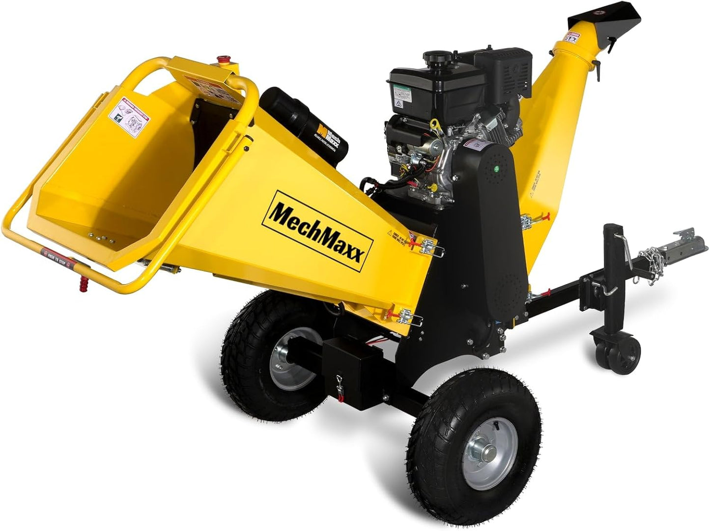 MechMaxx 6 inch B&S 408cc 14hp Gas Powered Wood Chipper Shredder Mulcher with Towbar, 6" Max Chipping Diameter Capacity,with Emergency Stop Button&Stop Bar,Model P4206 Yellow