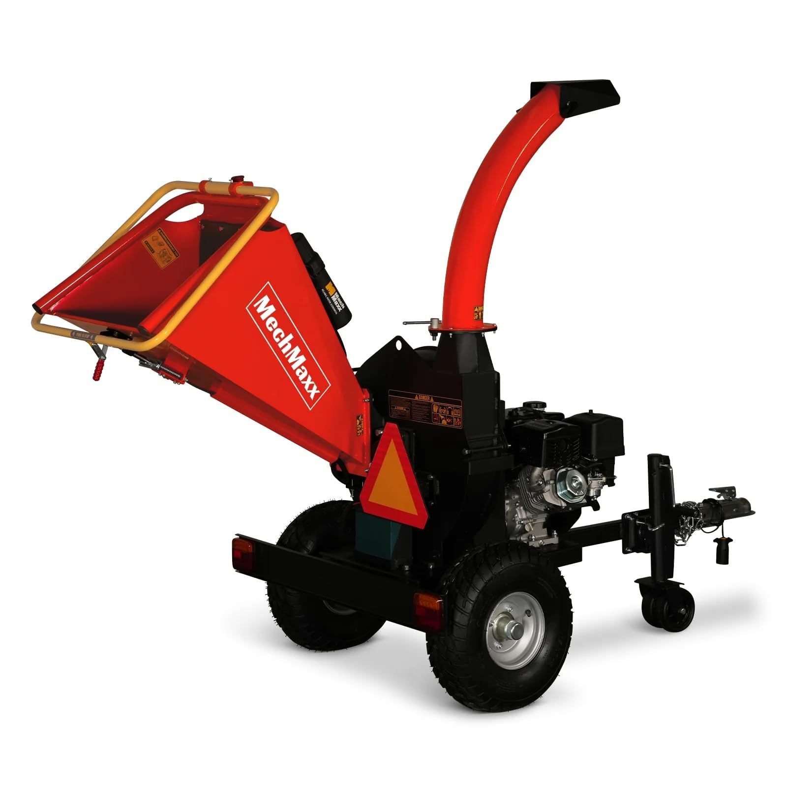 MechMaxx 5'' Inch E-Start 420cc 15hp Gas Powered Wood Chipper Shredder Mulcher with Tail Light, Towbar, Emergency Stop Button, Stop Bar, Model P4205 (Yellow)