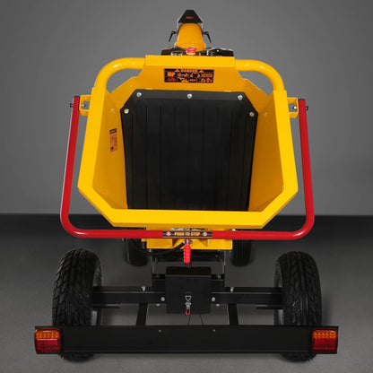 MechMaxx 6 inch ZONSEN 459cc 15hp E-Start Gas Powered 4-Wheels Wood Chipper Shredder Mulcher with Towbar/Tail Light/Emergency Stop Button/Stop Bar, Model B150 Yellow
