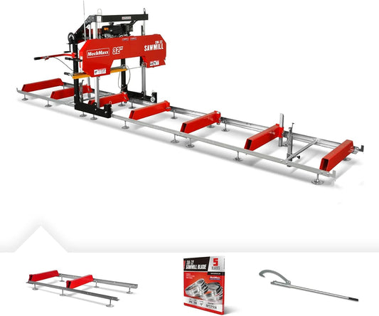 MechMaxx 32" Portable Sawmill (5 x Blades Included), KOHLER CH440 429cc 14HP E-Start Gasoline Engine,26.5" Board Width,20' Track Length (13' Track Length + 6.6' Track Extension Included),Model SM32