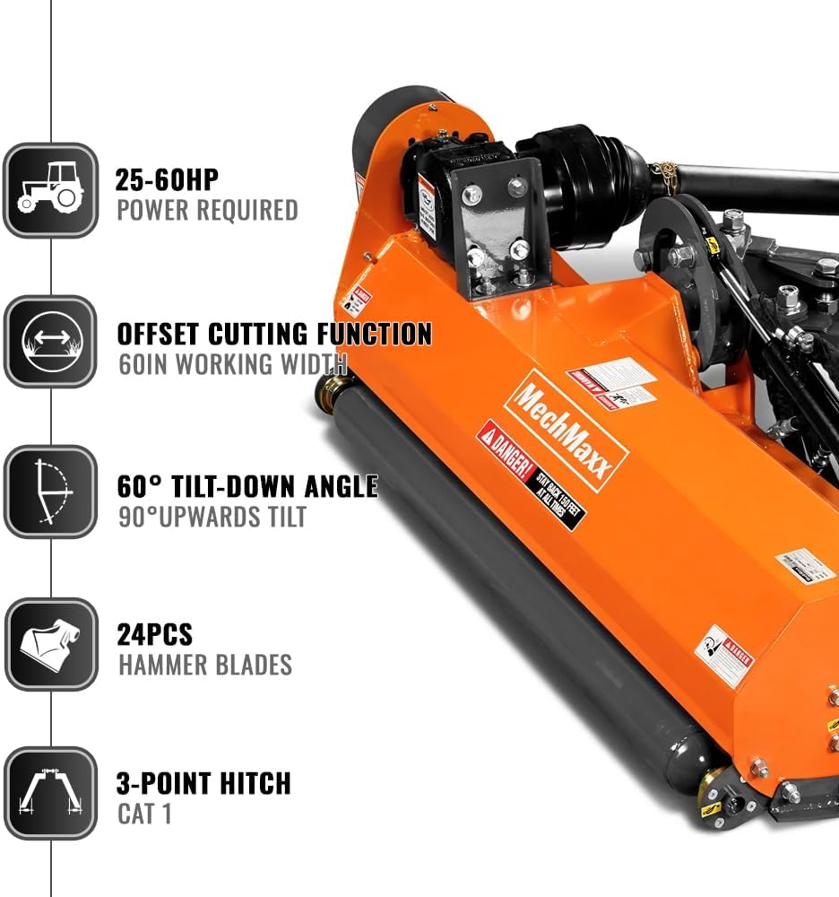 MechMaxx 65" Inch PTO Drive 3 Point Hitch Offset Flail Ditch Bank Mower for 30-60HP CAT 1 Tractor, 85'' Offset Distance,60°/90° Rotation Angle, 28 Hammers, Model VAM65