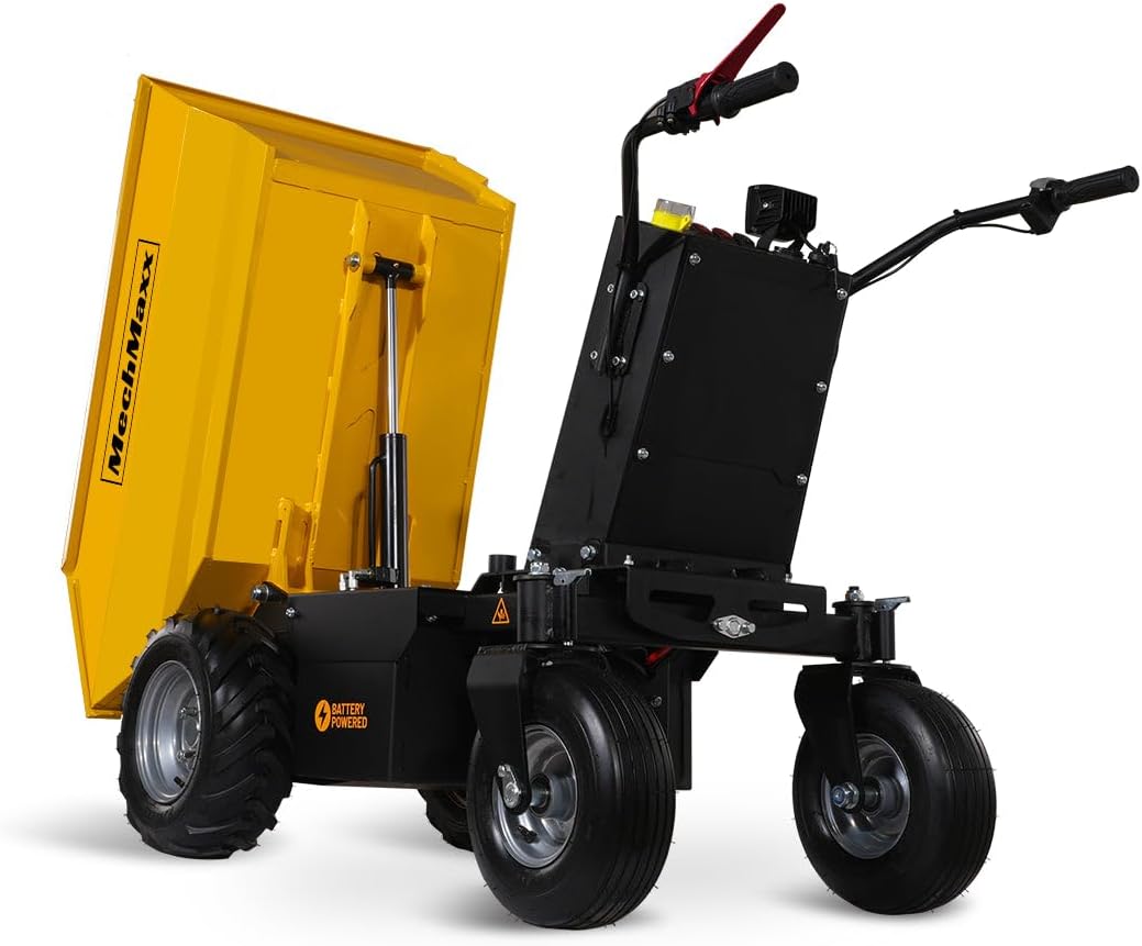 MechMaxx 1100Lb Loading 48V Battery Powered Wheel Barrow Electric Dumper Cart with 30W Light, Hydraulic Tipping, 1000W Brushless DC Motor, LED Display Screen, Model EH50 Yellow