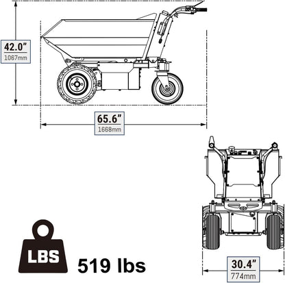 MechMaxx 1100Lb Loading 48V Battery Powered Wheel Barrow Electric Dumper Cart with 30W Light, Hydraulic Tipping, 1000W Brushless DC Motor, LED Display Screen, Model EH50 Yellow