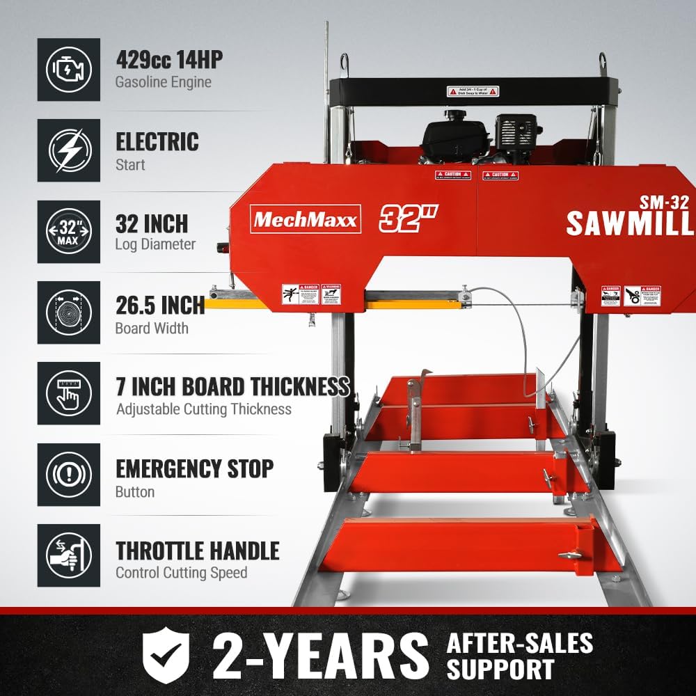 MechMaxx 32" Portable Sawmill (5 x Blades Included), KOHLER CH440 429cc 14HP E-Start Gasoline Engine,26.5" Board Width,20' Track Length (13' Track Length + 6.6' Track Extension Included),Model SM32