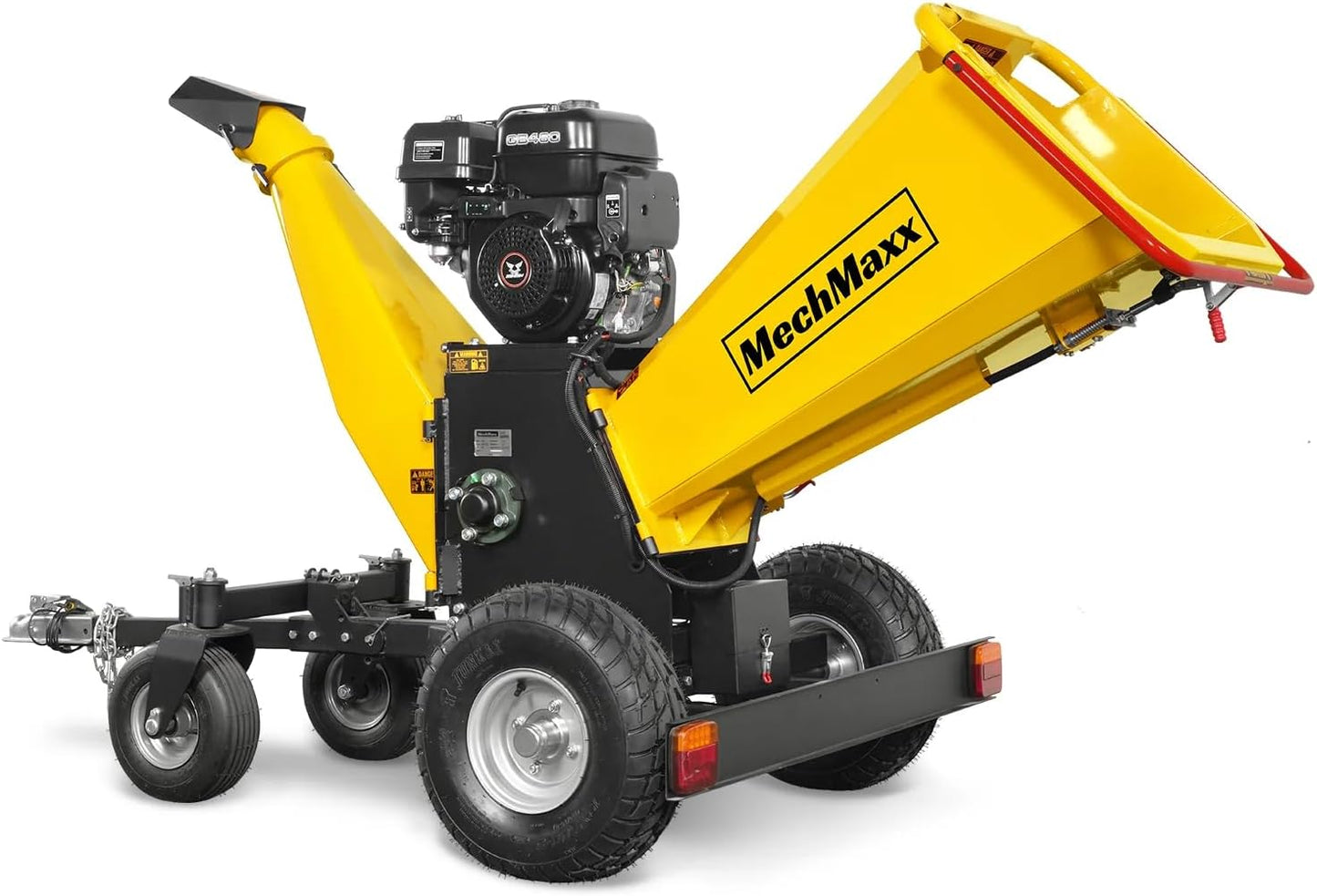 MechMaxx 6 inch ZONSEN 459cc 15hp E-Start Gas Powered 4-Wheels Wood Chipper Shredder Mulcher with Towbar/Tail Light/Emergency Stop Button/Stop Bar, Model B150 Yellow