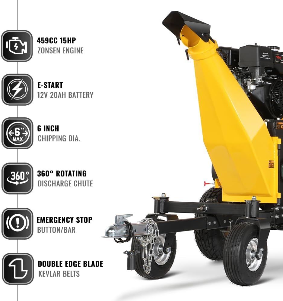 MechMaxx 6 inch ZONSEN 459cc 15hp E-Start Gas Powered 4-Wheels Wood Chipper Shredder Mulcher with Towbar/Tail Light/Emergency Stop Button/Stop Bar, Model B150 Yellow