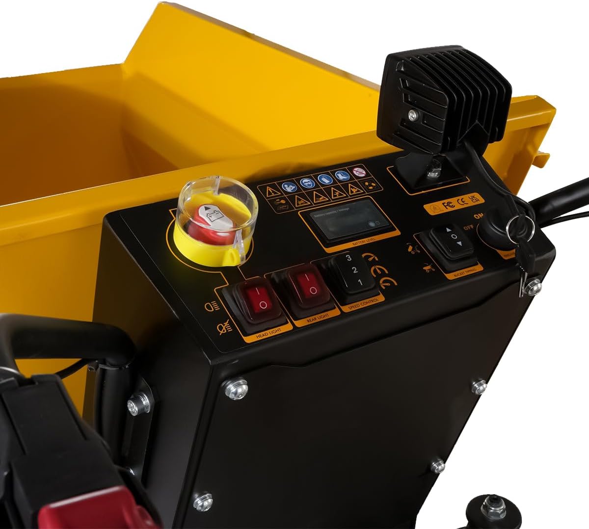 MechMaxx 1100Lb Loading 48V Battery Powered Wheel Barrow Electric Dumper Cart with 30W Light, Hydraulic Tipping, 1000W Brushless DC Motor, LED Display Screen, Model EH50 Yellow