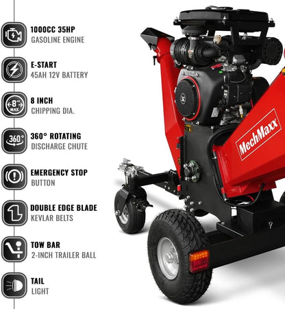 MechMaxx 8'' Inch ZONSEN 1000cc 35hp Electric Start Gasoline Powered Engine 4-Wheels Towable Wood Chipper Shredder Mulcher with Towbar/Tail Light/Emergency Stop Switch, Model B200