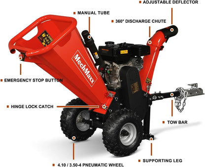 MechMaxx 4 inch DUCAR 212cc 7HP Gasoline Engine Powered Wood Chipper Shredder with Tow Bar, 4" Max Chipping Diameter Capacity, Emergency Stop Button, Model GS650
