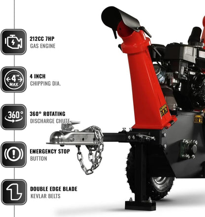 MechMaxx 4 inch DUCAR 212cc 7HP Gasoline Engine Powered Wood Chipper Shredder with Tow Bar, 4" Max Chipping Diameter Capacity, Emergency Stop Button, Model GS650