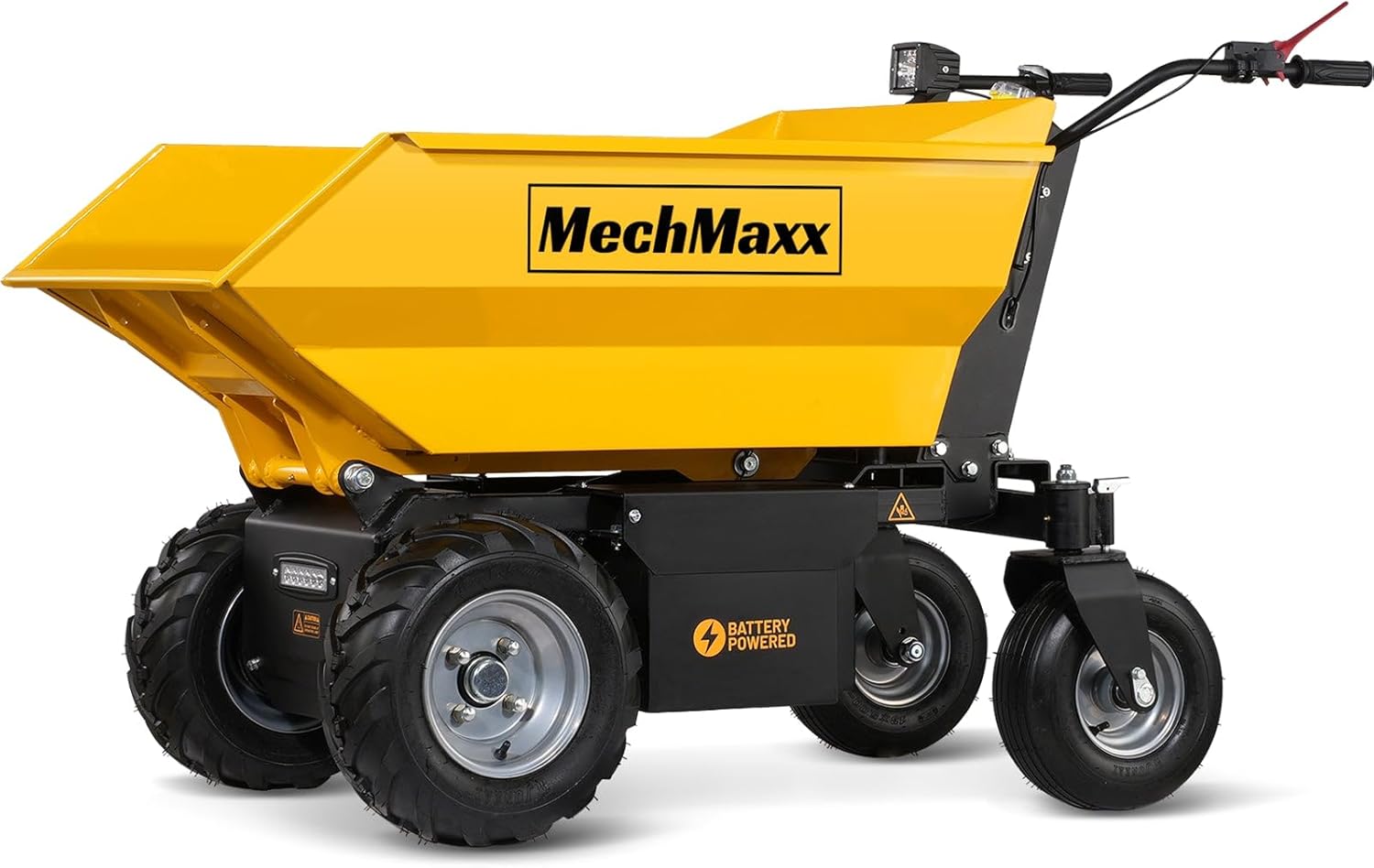 MechMaxx 1100Lb Loading 48V Battery Powered Wheel Barrow Electric Dumper Cart with 30W Light, Hydraulic Tipping, 1000W Brushless DC Motor, LED Display Screen, Model EH50 Yellow