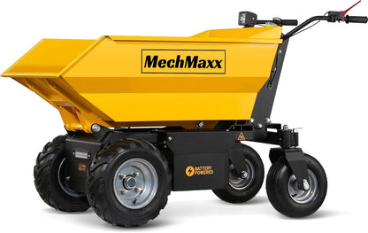 MechMaxx 1100Lb Loading 48V Battery Powered Wheel Barrow Electric Dumper Cart with 30W Light, Hydraulic Tipping, 1000W Brushless DC Motor, LED Display Screen, Model EH50 Yellow