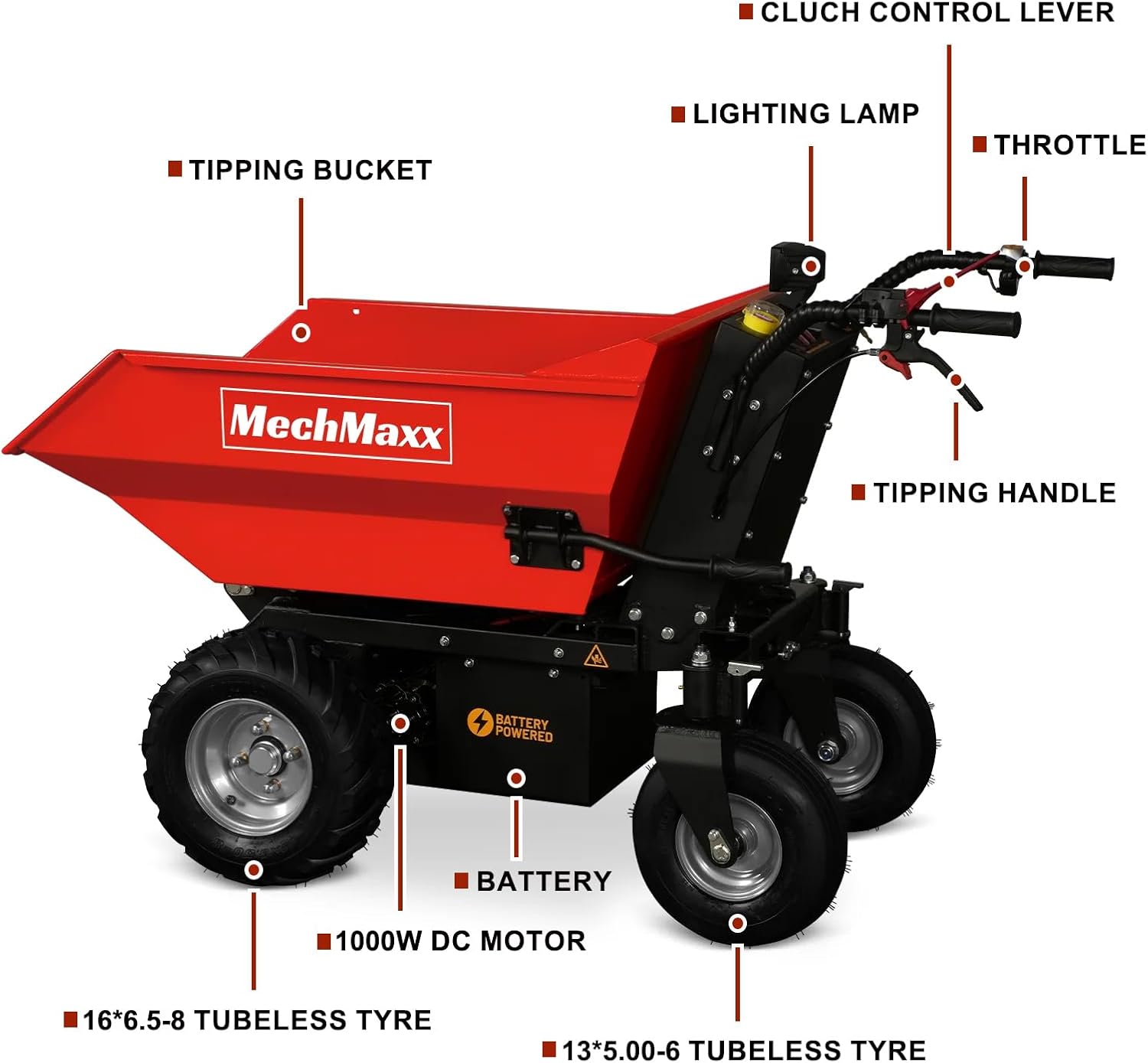MechMaxx 1100Lbs Loading Battery Powered Barrow Electric Mini Dumper Dump Cart Wheel Barrow, with 30W Light, 1000W 48V Brushless DC Motor, LED Display Screen, Model E50 (Red)
