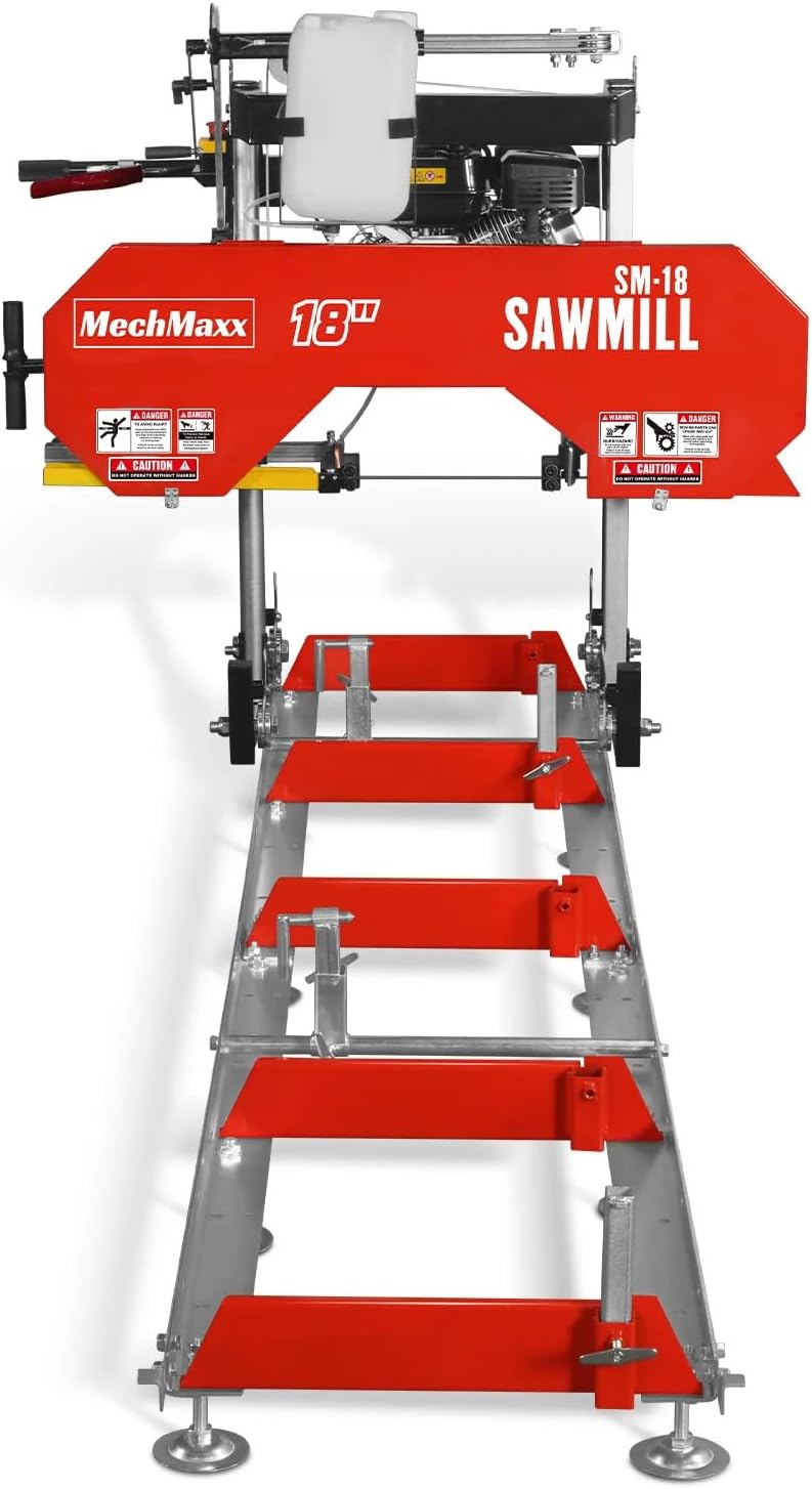 MechMaxx 18'' Portable Sawmill, DUCAR 212cc 7HP Gasoline Engine, 15" Board Width And 7'' Board Thickness,10' Track Length, Model SM-18
