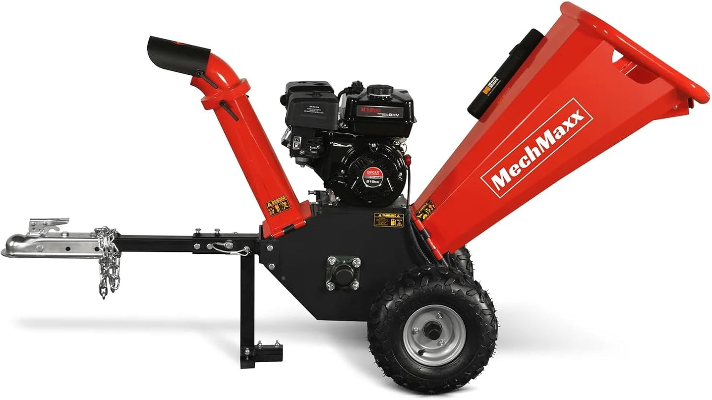 MechMaxx 4 inch DUCAR 212cc 7HP Gasoline Engine Powered Wood Chipper Shredder with Tow Bar, 4" Max Chipping Diameter Capacity, Emergency Stop Button, Model GS650