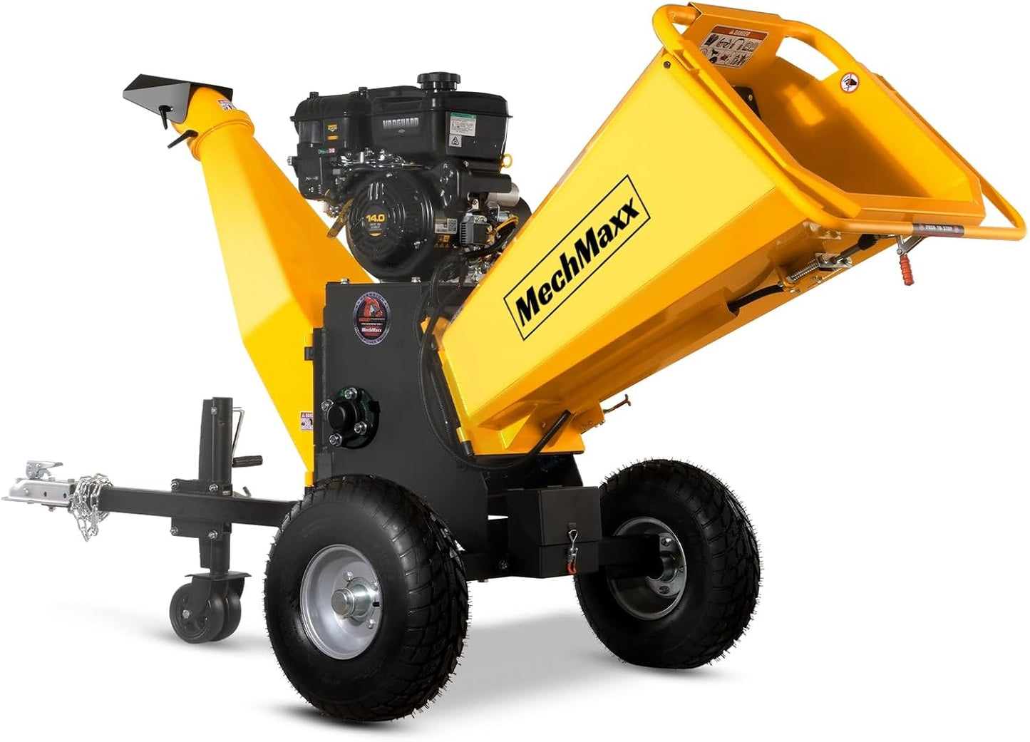 MechMaxx 6 inch B&S 408cc 14hp Gas Powered Wood Chipper Shredder Mulcher with Towbar, 6" Max Chipping Diameter Capacity,with Emergency Stop Button&Stop Bar,Model P4206 Yellow