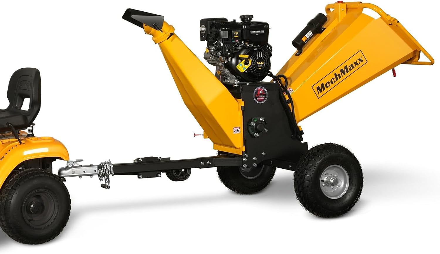 MechMaxx 6 inch B&S 408cc 14hp Gas Powered Wood Chipper Shredder Mulcher with Towbar, 6" Max Chipping Diameter Capacity,with Emergency Stop Button&Stop Bar,Model P4206 Yellow
