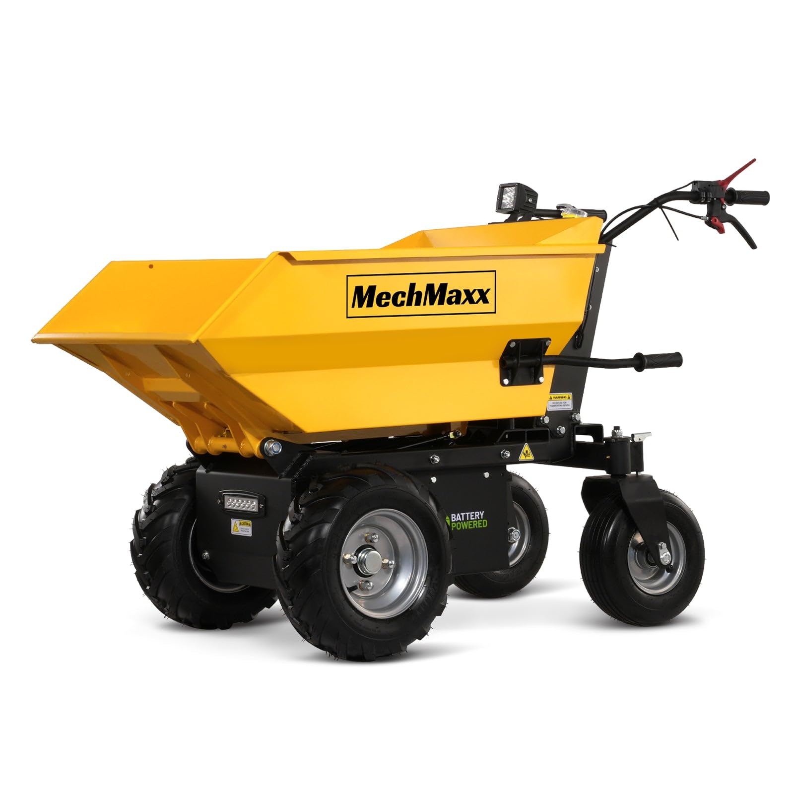 MechMaxx 1100Lb Loading 48V Battery Powered Wheel Barrow Electric Dumper Cart with 30W Light, Hydraulic Tipping, 1000W Brushless DC Motor, LED Display Screen, Model EH50 Yellow