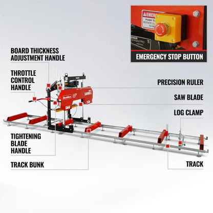 MechMaxx 32" Portable Sawmill (5 x Blades Included), KOHLER CH440 429cc 14HP E-Start Gasoline Engine,26.5" Board Width,20' Track Length (13' Track Length + 6.6' Track Extension Included),Model SM32