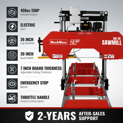 MechMaxx 18'' Portable Sawmill, DUCAR 212cc 7HP Gasoline Engine, 15" Board Width And 7'' Board Thickness,10' Track Length, Model SM-18