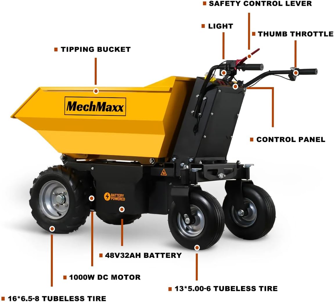 MechMaxx 1100Lb Loading 48V Battery Powered Wheel Barrow Electric Dumper Cart with 30W Light, Hydraulic Tipping, 1000W Brushless DC Motor, LED Display Screen, Model EH50 Yellow