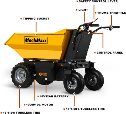 MechMaxx 1100Lb Loading 48V Battery Powered Wheel Barrow Electric Dumper Cart with 30W Light, Hydraulic Tipping, 1000W Brushless DC Motor, LED Display Screen, Model EH50 Yellow