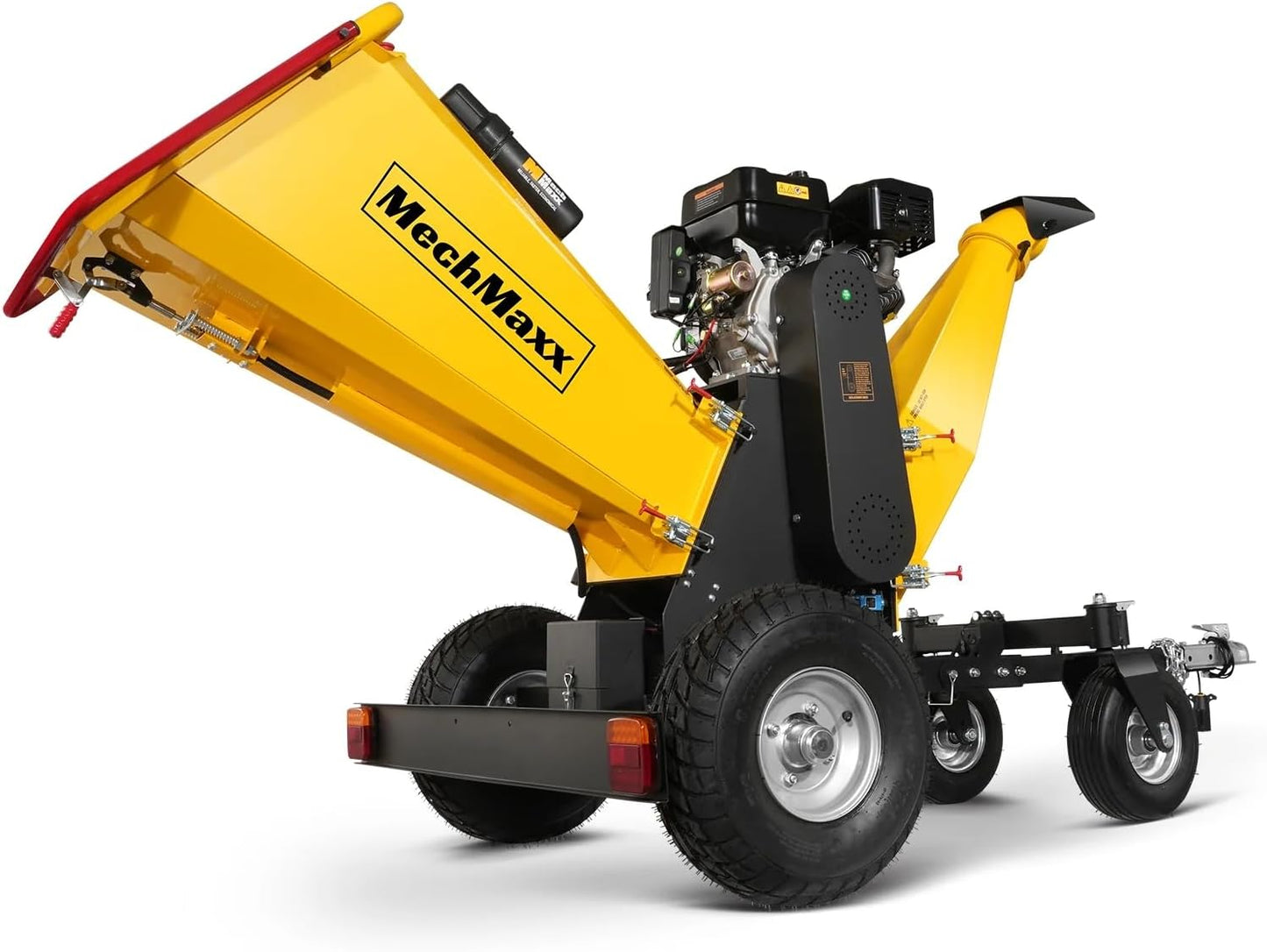 MechMaxx 6 inch ZONSEN 459cc 15hp E-Start Gas Powered 4-Wheels Wood Chipper Shredder Mulcher with Towbar/Tail Light/Emergency Stop Button/Stop Bar, Model B150 Yellow