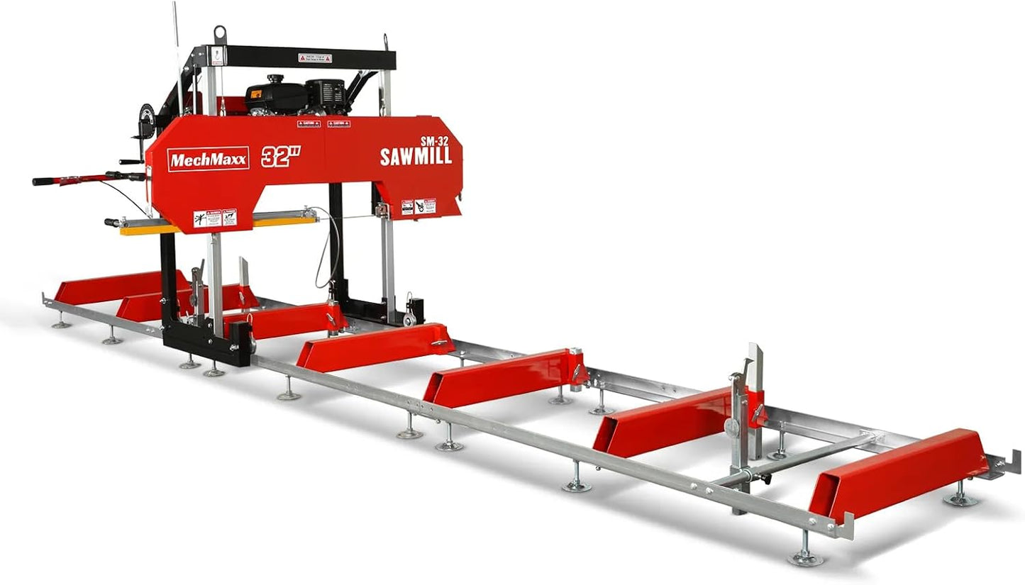 MechMaxx 32" Portable Sawmill (5 x Blades Included), KOHLER CH440 429cc 14HP E-Start Gasoline Engine,26.5" Board Width,20' Track Length (13' Track Length + 6.6' Track Extension Included),Model SM32