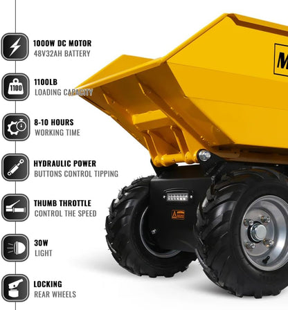 MechMaxx 1100Lb Loading 48V Battery Powered Wheel Barrow Electric Dumper Cart with 30W Light, Hydraulic Tipping, 1000W Brushless DC Motor, LED Display Screen, Model EH50 Yellow