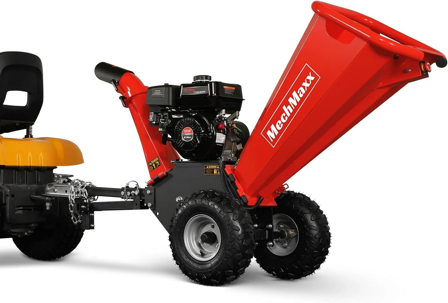 MechMaxx 4 inch DUCAR 212cc 7HP Gasoline Engine Powered Wood Chipper Shredder with Tow Bar, 4" Max Chipping Diameter Capacity, Emergency Stop Button, Model GS650