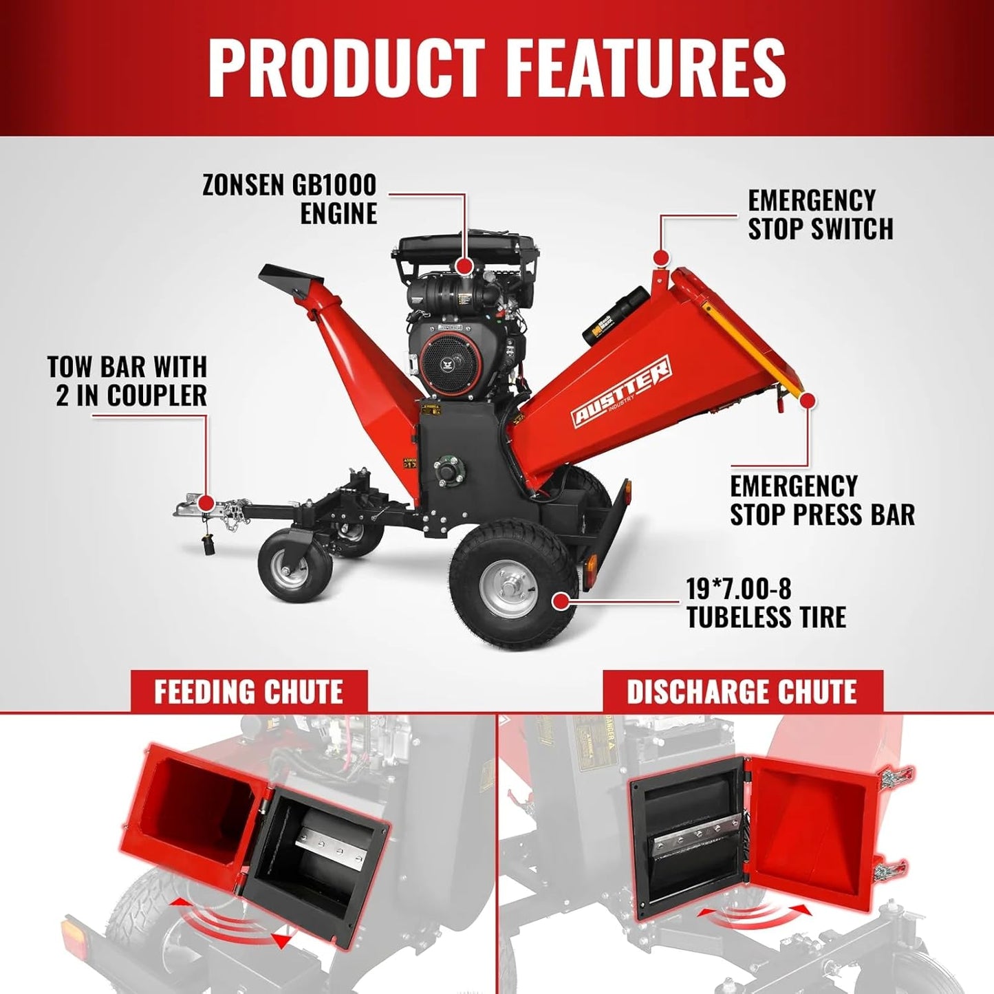 MechMaxx 8'' Inch ZONSEN 1000cc 35hp Electric Start Gasoline Powered Engine 4-Wheels Towable Wood Chipper Shredder Mulcher with Towbar/Tail Light/Emergency Stop Switch, Model B200