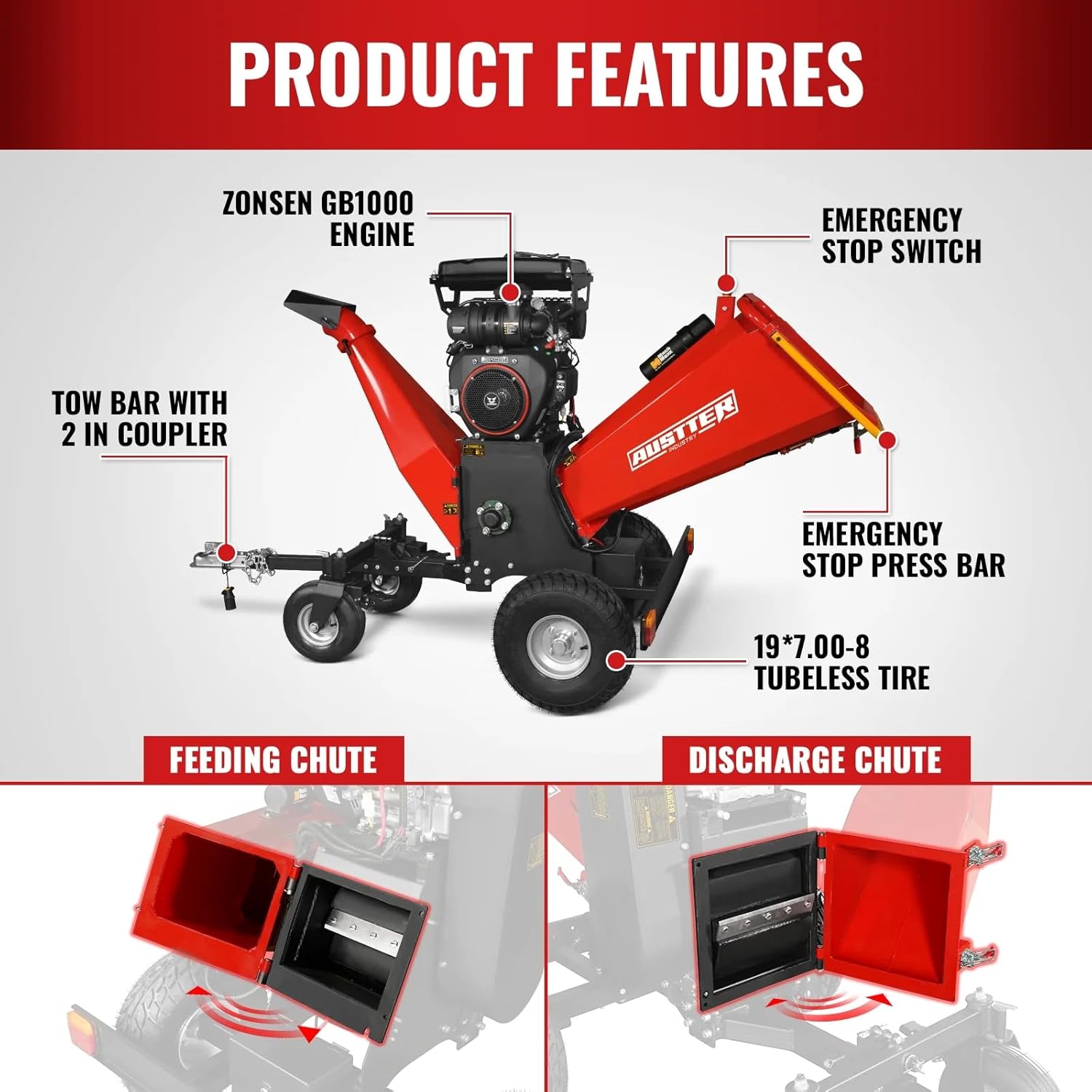 MechMaxx 8'' Inch ZONSEN 1000cc 35hp Electric Start Gasoline Powered Engine 4-Wheels Towable Wood Chipper Shredder Mulcher with Towbar/Tail Light/Emergency Stop Switch, Model B200