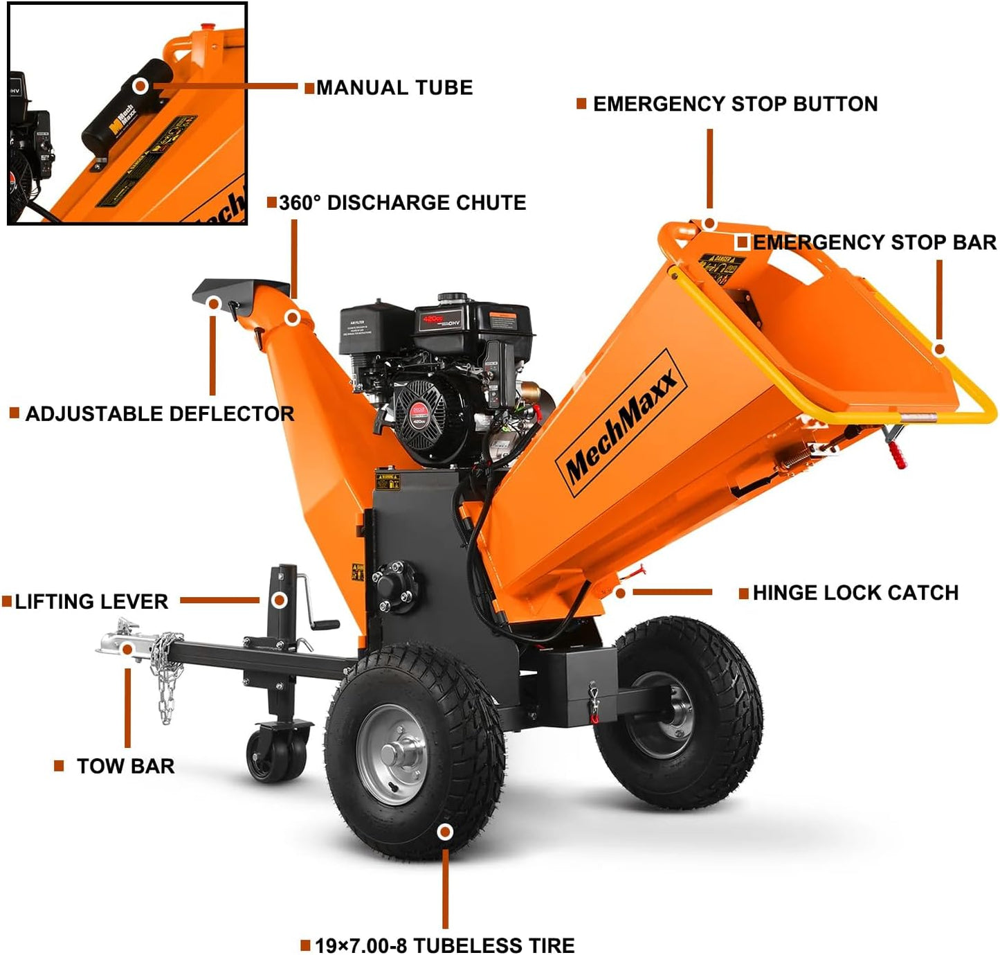 MechMaxx 6 inch ZONSEN 459cc 15hp Electric Start Gas Powered Wood Chipper Shredder Mulcher with Towbar, 6" Max Chipping Diameter Capacity,with Emergency Stop Button&Stop Bar,Model P4206 Orange