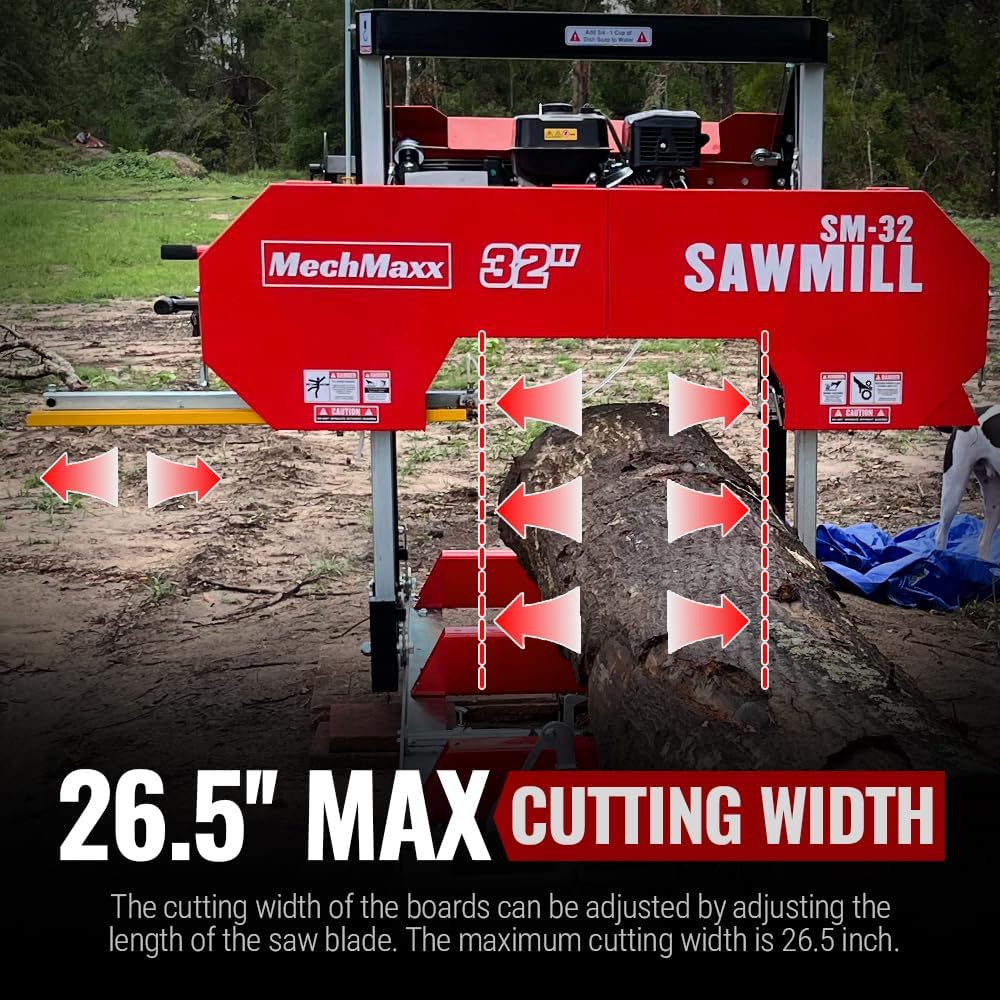 MechMaxx 32" Portable Sawmill (5 x Blades Included), KOHLER CH440 429cc 14HP E-Start Gasoline Engine,26.5" Board Width,20' Track Length (13' Track Length + 6.6' Track Extension Included),Model SM32