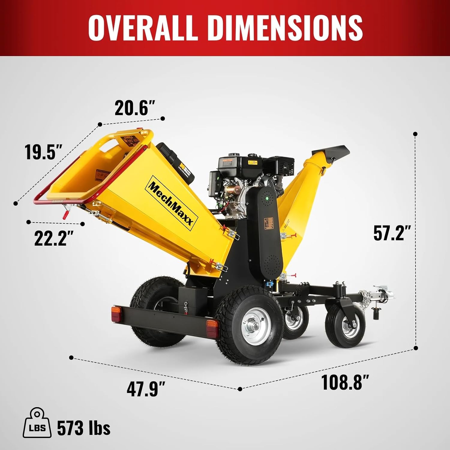 MechMaxx 6 inch ZONSEN 459cc 15hp E-Start Gas Powered 4-Wheels Wood Chipper Shredder Mulcher with Towbar/Tail Light/Emergency Stop Button/Stop Bar, Model B150 Yellow