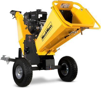 MechMaxx 6 inch B&S 408cc 14hp Gas Powered Wood Chipper Shredder Mulcher with Towbar, 6" Max Chipping Diameter Capacity,with Emergency Stop Button&Stop Bar,Model P4206 Yellow