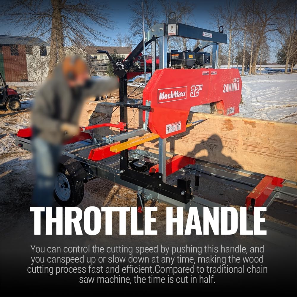 MechMaxx 32" Portable Sawmill (5 x Blades Included), KOHLER CH440 429cc 14HP E-Start Gasoline Engine,26.5" Board Width,20' Track Length (13' Track Length + 6.6' Track Extension Included),Model SM32
