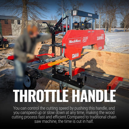 MechMaxx 32" Portable Sawmill (5 x Blades Included), KOHLER CH440 429cc 14HP E-Start Gasoline Engine,26.5" Board Width,20' Track Length (13' Track Length + 6.6' Track Extension Included),Model SM32