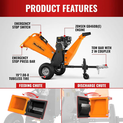 MechMaxx 6 inch ZONSEN 459cc 15hp Electric Start Gas Powered Wood Chipper Shredder Mulcher with Towbar, 6" Max Chipping Diameter Capacity,with Emergency Stop Button&Stop Bar,Model P4206 Orange