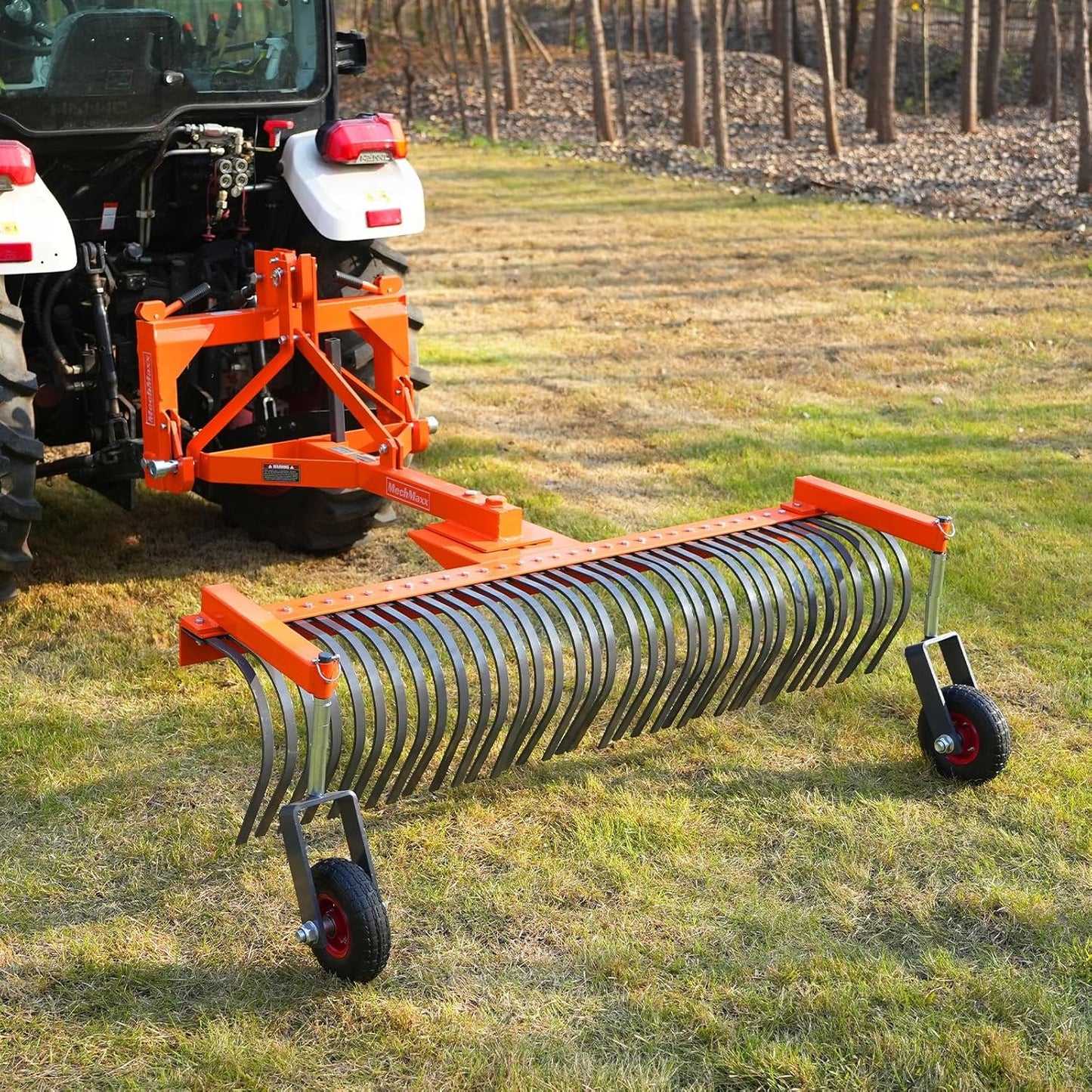 MechMaxx 72" Landscape Rake with Bolt-On Wheels & 36 Tines & Support Stand 3 Point Hitch Cat. 1 20-50 HP Tractor Attachment, Model LR72W
