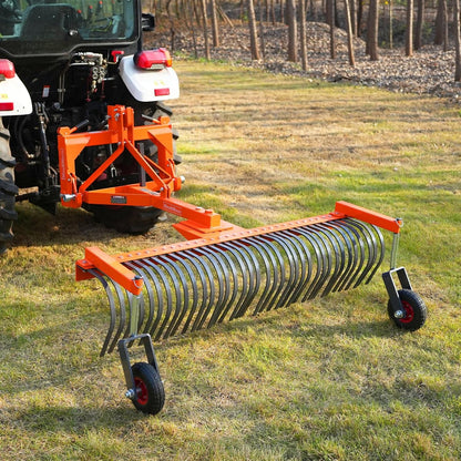 MechMaxx 72" Landscape Rake with Bolt-On Wheels & 36 Tines & Support Stand 3 Point Hitch Cat. 1 20-50 HP Tractor Attachment, Model LR72W