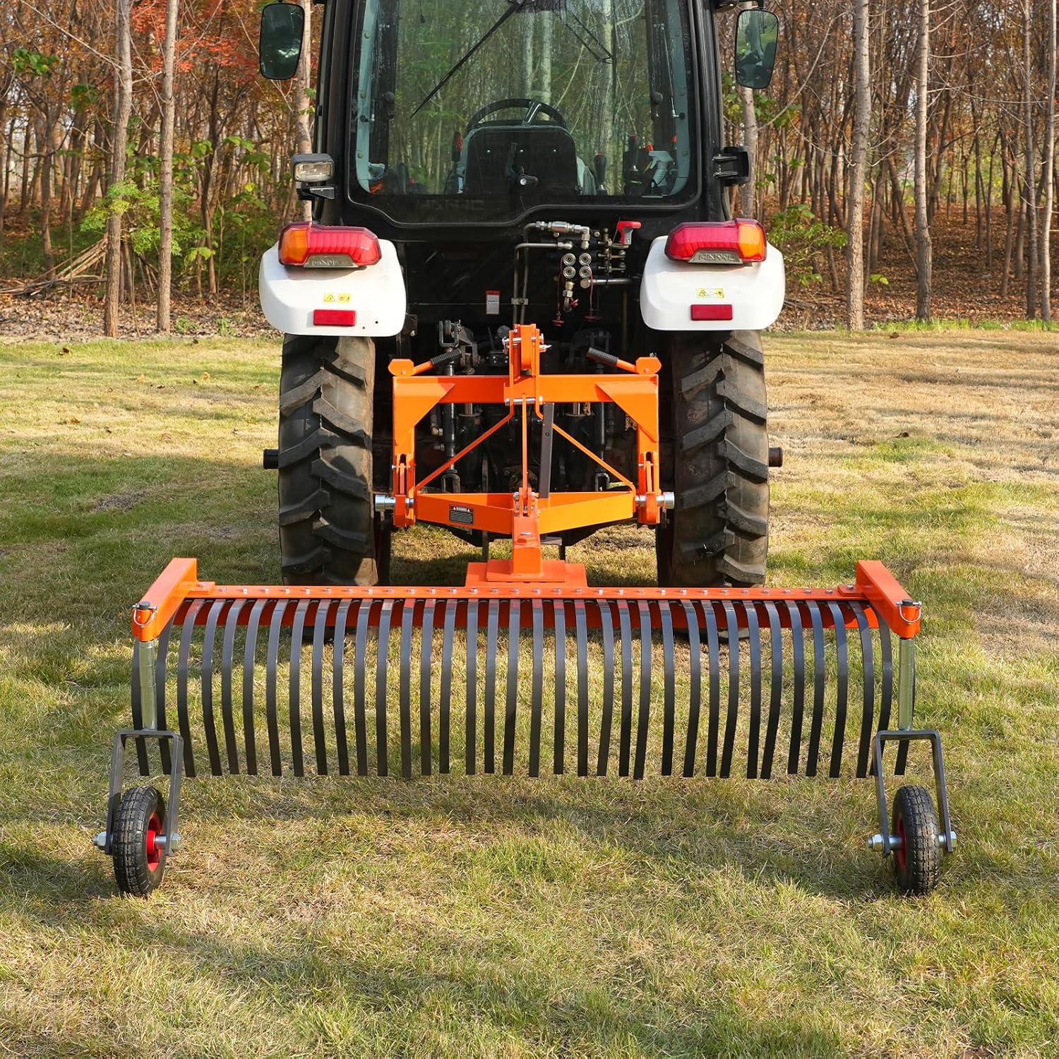 MechMaxx 72" Landscape Rake with Bolt-On Wheels & 36 Tines & Support Stand 3 Point Hitch Cat. 1 20-50 HP Tractor Attachment, Model LR72W