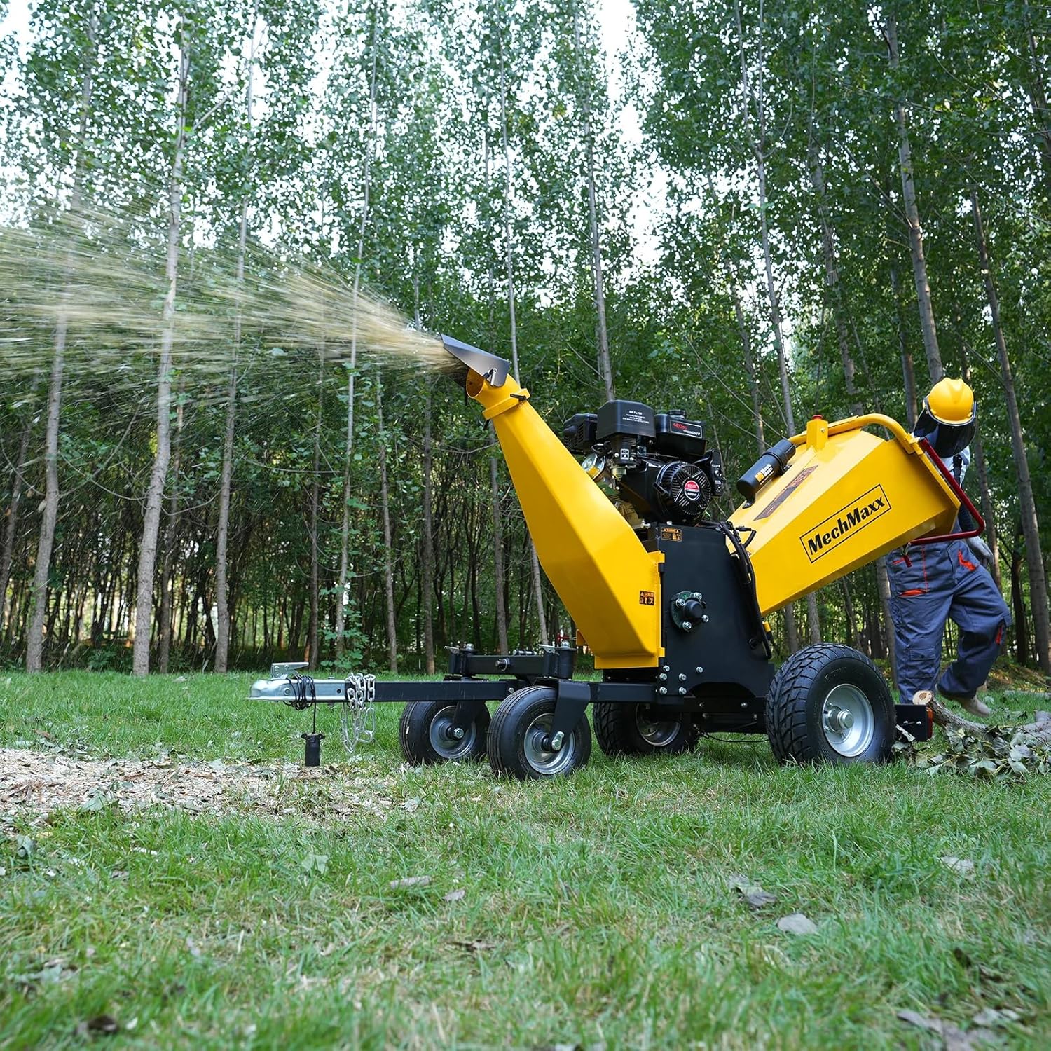 MechMaxx 6 inch ZONSEN 459cc 15hp E-Start Gas Powered 4-Wheels Wood Chipper Shredder Mulcher with Towbar/Tail Light/Emergency Stop Button/Stop Bar, Model B150 Yellow