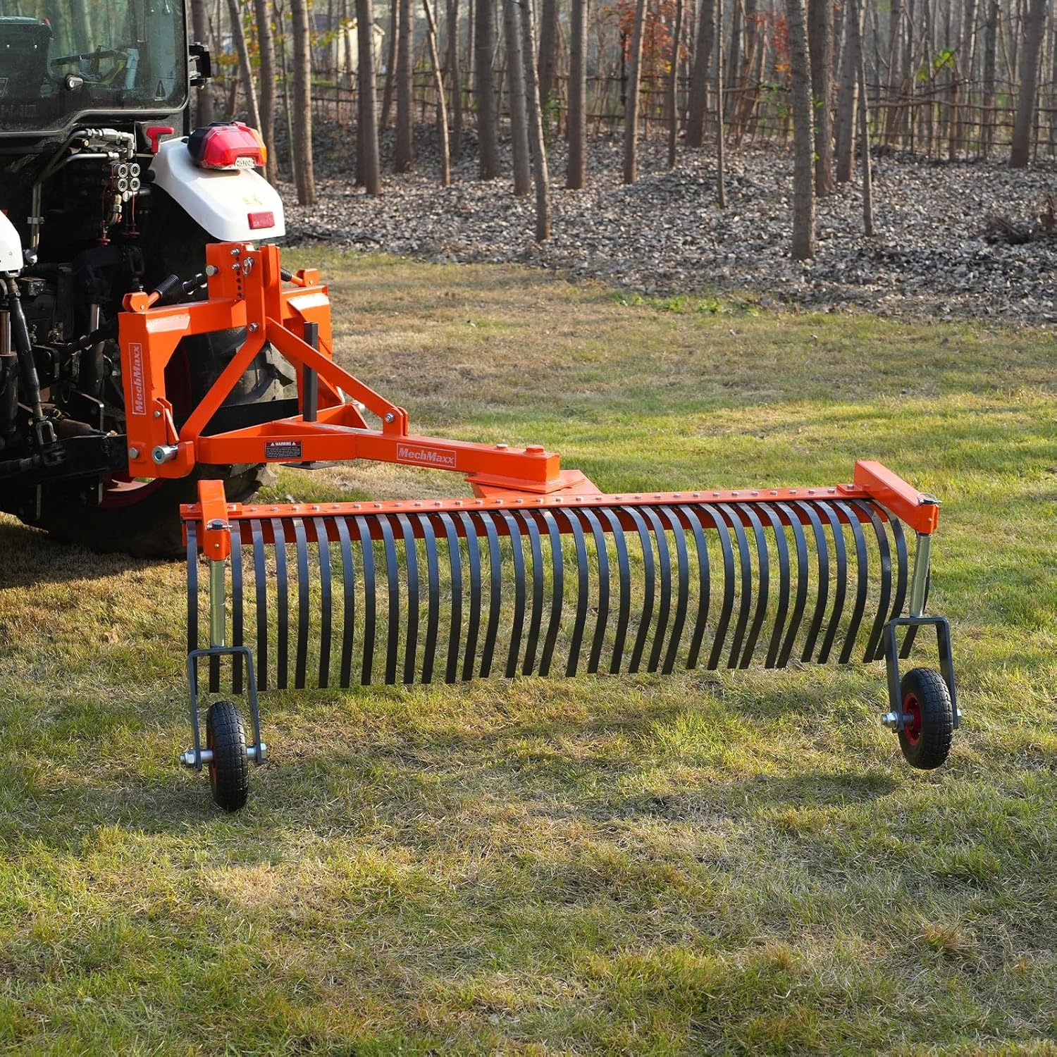MechMaxx 72" Landscape Rake with Bolt-On Wheels & 36 Tines & Support Stand 3 Point Hitch Cat. 1 20-50 HP Tractor Attachment, Model LR72W